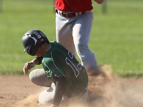 The Windsor Stars Cat Morin is forced out at second as the Tecumseh Rangers Jordan Holland-Penney tries to complete the double play in Tecumseh on Thursday, June 4, 2015.               (TYLER BROWNBRIDGE/The Windsor Star)