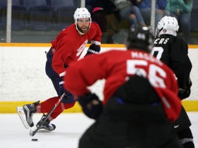 Aaron Ekblad looks to fire a pass during the annual Bob Probert Classic hockey game at Tecumseh Arena on Friday, June 5, 2015.               (TYLER BROWNBRIDGE/The Windsor Star)
