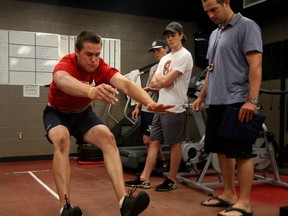 Windsor Spitfires Patrick Sanvido jumps 101 inches in standing broad jump during strength and conditioning test at WFCU Centre Friday June 5, 2015. (NICK BRANCACCIO/The Windsor Star)