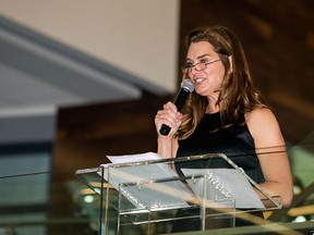 Brooke Shields speaks at the grand opening of the new La-Z-Boy world headquarters in Monroe, Mi., Friday, June 5, 2015. (Ed Keller/The Monroe Evening News via AP)