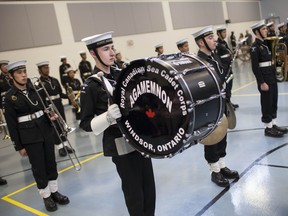 Members of the Royal Canadian Sea Cadet Corps Agamemnon take part in the 95th annual review at H.M.C.S Hunter, Saturday, May 30, 2015.  (DAX MELMER/The Windsor Star)