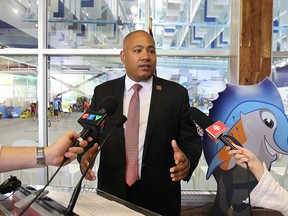The Ontario government announced a $2.5 million commitment to the City of Windsor on Monday, June 15, 2015, to help finance the 2016 World Swimming Championships at the Windsor International Aquatic Centre. Michael Coteau, Ontario Minister of Tourism, Culture and Sport speaks to reporters during the event. (DAN JANISSE/The Windsor Star)
