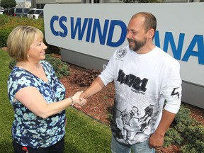 Donna Kinsman, HR Manager at CS WIND Canada, left, and Joel Thibodeau, an industrial organizer with the International Association of Bridge, Structural, Ornamental and Reinforcing Iron Workers Local 721.    (JASON KRYK/The Windsor Star)