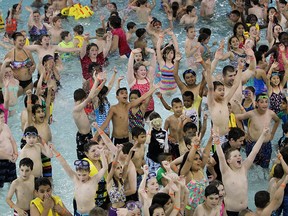 Students from Roseland Public School, Hetherington Public School, and St. Anne French Immersion School were  were among the 40,000 swimmers in 24 Countries participating in the 6th world record attempt for the Largest Global Swimming Lesson on June 18, 2015.    The Windsor International Aquatics and Training Centre and Adventure Bay was the location for todays event. (JASON KRYK/The Windsor Star)