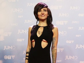 Valerie Poxleitner - better known as electro-pop artist Lights - arrives at the 2015 Juno Awards. (Peter Power / Canadian Press)