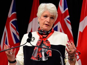 Ontario Education Minister Liz Sandals speaks at a press conference in Toronto on Monday, May 25, 2015. The Ontario government will be tabling back-to-work legislation this afternoon for striking secondary school teachers. (Frank Gunn/The Canadian Press)