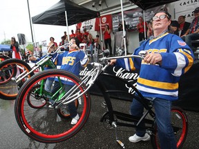 The Hanson Brothers kick off the 5th annual Bob Probert Memorial Ride outside Thunder Road Harley-Davidson, Sunday, June 14, 2015.  Proceeds from this year's ride will go towards the Cardiac Wellness and Pulmonary Rehab Program at Hotel-Dieu Grace Healthcare.  (DAX MELMER/The Windsor Star)