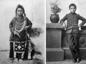 Undated before and after photos of young Thomas Moore at the Regina Indian Industrial School. Department of Indian Affairs Annual Report, 1897 Library and Archives Canada.