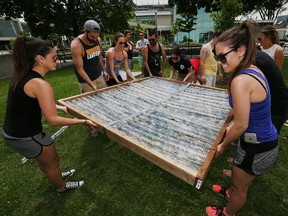 University of Windsor business students construct a greenhouse made from empty water bottles on the front lawn of the Odette building on Wyandotte Street west in Windsor, Ontario on June 22, 2015. (JASON KRYK/ The Windsor Star)