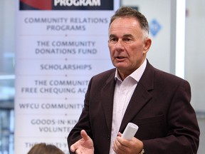 Marty Komsa speaks during the announcement of the WFCU 2015 Community Donations Fund at the Windsor International Aquatic and Training Centre in Windsor on Tuesday, April 28, 2015.                 (TYLER BROWNBRIDGE/The Windsor Star)