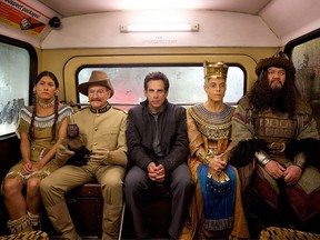 Mizuo Peck, left, Robin Williams, Ben Stiller, Rami Malek and Patrick Gallagher appear in a scene from Night at the Museum: Secret of the Tomb. (Kerry Brown / 20th Century Fox)