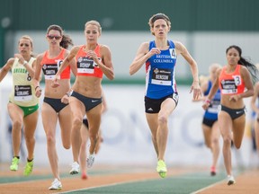 Fiona Benson (second from right) edges out former University of Windsor Lancer Melissa Bishop to win the women's 800 metres at the Canadian Track and Field Championships in Edmonton, Alberta on July 5, 2015. (GEOFF ROBINS/AFP/Getty Images)