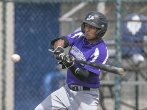 Tecumseh's Curtis Lambkin hits a single against the Windsor Stars in the Can/Am championship game at Cullen Field, Sunday, July 26, 2015. The Thunder defended their Can Am League
title with a sweep of the Windsor Stars. Needing two wins for the
title, the Thunder beat the Stars 6-2 and 9-8. (DAX MELMER/The Windsor Star)