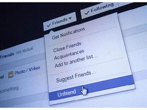 An "unfriend" option on a Facebook page is shown in Toronto, July 8, 2015. Friends and followers are amassed on social media sites at lightning speed compared to the typically gradual build of relationships forged offline. Yet for some, being "unfriended‚" can be bruising to the ego - even if the relationships aren't close. THE CANADIAN PRESS/Giordano Ciampini