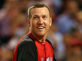 National League All-Star Todd Frazier #21 of the Cincinnati Reds reacts during the Gillette Home Run Derby presented by Head & Shoulders at the Great American Ball Park on July 13, 2015 in Cincinnati, Ohio.  (Photo by Elsa/Getty Images)