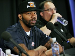 New Detroit Pistons forward Marcus Morris answers questions during a news conference in Auburn Hills, Mich. (Clarence Tabb Jr./Detroit News via AP)