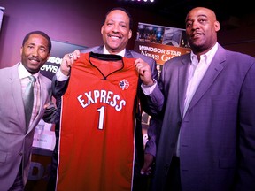 Windsor Express CEO Dartis Willis, interim head coach Tony Jones and former head coach Bill Jones are pictured in the Windsor Star News Cafe on Tuesday, July 14, 2015. Tony Jones was announced as the interim head coach Tuesday. (DYLAN KRISTY/The Windsor Star)