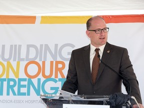 Windsor Mayor Drew Dilkens speaks during a press conference at County Road 42 and the Ninth Concession, the proposed location for the Windsor and Essex County Acute Care Hospital will be built.