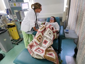 Amanda Farrer, 32, (R) is shown at the Windsor Regional Hospital Ouellette Campus with nurse Colleen Nasello in the dialysis unit on Wednesday, July 22, 2015. Farrar is in need of a double organ transplant.
