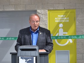 ERCA chairman and Windsor Coun. Ed Sleiman talks about the new eco-washroom at Holiday Beach Conservation Area on July 16, 2015. (JULIE KOTSIS/The Windsor Star)