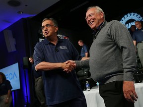 Sergio Marchionne, chairman and DEO, FCA US, (left) and Dennis Williams, president UAW, at a joint press conference to kick off the UAW-FCA labour talks at the UAW-Chrysler National Training Centre in Detroit on Tuesday, July 13, 2015.      BROWNBRIDGE/The Windsor Star)