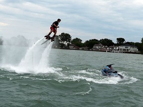 Casey Lentsch demonstrates a flyboard on Lake St. Clair in Windsor on Thursday, July 16, 2015.                         (TYLER BROWNBRIDGE/The Windsor Star)