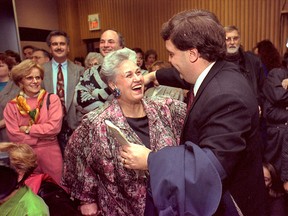 In this November 12, 1991 file photo, a jubilant Donna Gamble, left, celebrates her election victory with Dwight Duncan. Gamble died at the age of 82.  (Windsor Star files)