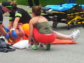 Emergency crews were called to the intersection of Parent Avenue and Shepherd Street East at around 6:10 p.m. after an e-bike travelling north on Parent was struck by a southbound Ford Focus turning left onto Shepherd. (Courtesy of Damir Kostic)