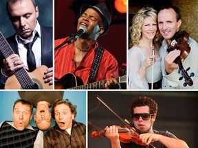 Some of the featured artists of the 2015 Kingsville Folk Music Festival. Clockwise from top left: Guitarist Pavlo, bluesman Guy Davis, folk fiddlers Natalie MacMaster and Donnell Leahy, fiddler Ashley MacIsaac, and The Arrogant Worms. (Handout / The Windsor Star)