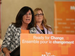 Cheryl Hardcastle, left, and Tracey Ramsey 2015 NDP candidate for the federal riding of Essex,  introduce NDP federal leader Tom Mulcair during his stop at the Fogolar Furlan Club in Windsor, Ontario on July 22, 2015. (JASON KRYK/The Windsor Star)