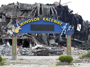 A burnt out section of the Windsor Raceway is shown on Thursday, July 2, 2015, in Windsor, ON. Windsor firefighters were putting out smouldering hot spots more than 24 hours after the fire began. (DAN JANISSE/The Windsor Star)