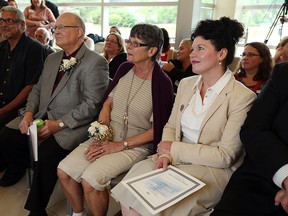 Ron Schlegel, Barb Schlegel and Patricia France (left to right) look on during the naming of the new Schlegel Student Lounge at St. Clair College in Windsor on Thursday, July 9, 2015. (TYLER BROWNBRIDGE/The Windsor Star)