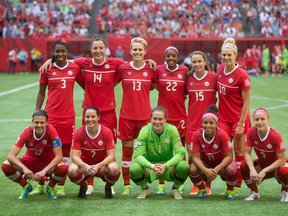 Canada starting players pose for a team photo before a FIFA Women's World Cup quarter-final soccer game against England in Vancouver, B.C., on Saturday June 27, 2015. THE CANADIAN PRESS/Darryl Dyck