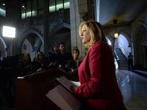 Minister of Transport Lisa Raitt speaks during a press conference in the foyer of the House of Commons on Parliament Hill in Ottawa on Friday, February 20, 2015. (THE CANADIAN PRESS/Sean Kilpatrick)