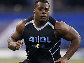 Caraun Reid works out at the Indianapolis combine. (Getty Images).