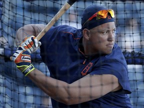 Detroit Tigers' Miguel Cabrera takes batting practice before the Tigers' baseball game against the Kansas City Royals on Tuesday, Aug. 11, 2015, in Kansas City, Mo. (AP Photo/Charlie Riedel