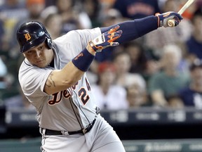 Detroit Tigers' Miguel Cabrera strikes out against the Houston Astros during the first inning of a baseball game Friday, Aug. 14, 2015, in Houston. (AP Photo/Pat Sullivan)