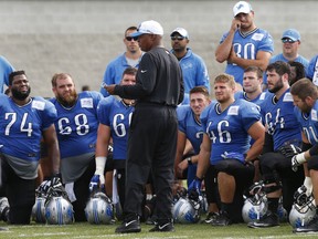 Detroit Lions head coach Jim Caldwell talks to the team after NFL football training camp in Allen Park, Mich., Friday, Aug. 7, 2015. (AP Photo/Paul Sancya)