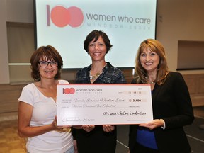 The 100 women who care organization donated $13,400 to Family Services Windsor-Essex on Thursday, August 13, 2015. Brenda Haesler (L), from the 100 women who care group presented the cheque to Molly Reese (C) and Barb Iacono from the Family Services organization. (DAN JANISSE/The Windsor Star)