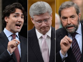 (L-R) Liberal leader Justin Trudeau, prime minister Stephen Harper and NDP leader Tom Mulcair debate each other in the House of Commons.