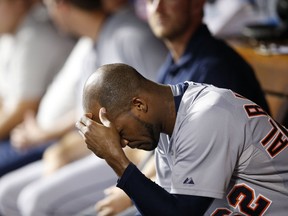 Al Alburquerque #62 of the Detroit Tigers reacts after giving up three runs during a ten-run sixth inning against the Cincinnati Reds at Great American Ball Park on August 24, 2015 in Cincinnati, Ohio. (Photo by Joe Robbins/Getty Images)