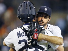 Pitcher Justin Verlander #35 of the Detroit Tigers is hugged by catcher James McCann #34 of the Detroit Tigers after pitching a one-hitter against the Los Angeles Angels of Anaheim at Comerica Park on August 26, 2015 in Detroit, Michigan. (Photo by Duane Burleson/Getty Images)