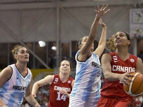 Canada's Miah-Marie Langlois (right) drives past Argentina's Deborah Gonzalez during women's basketball at the Pan Am games in Toronto on Friday, July 17, 2015. THE CANADIAN PRESS/Chris Young
