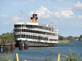 This July 31, 2015 photo shows SS Ste. Claire docked in Ecorse, Mich. The Ste. Claire ferried passengers to Boblo Island in the Detroit River along with the SS Columbia. The park closed in 1993. (Max Ortiz /Detroit News via AP)