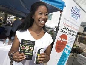 Noah Walker, 17, talks about her germicide spray she developed and is promoting through the Summer Business Centre, Saturday, August 29, 2015.  The Summer Business Centre shared information at the Downtown Windsor Farmer's Market.  (DAX MELMER/The Windsor Star)