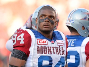 Montreal Alouettes' Michael Sam made his pro football debut against the Ottawa Redblacks in Ottawa on Friday, Aug. 7, 2015. THE CANADIAN PRESS/Justin Tang