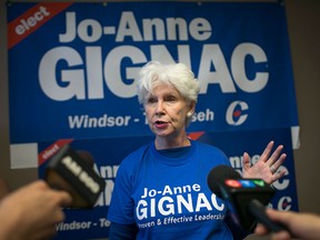 Conservative candidate for Windsor-Tecumseh, Jo-Anne Gignac, speaks during a rally at her campaign office, Sunday, August 2, 2015.  (DAX MELMER/The Windsor Star)