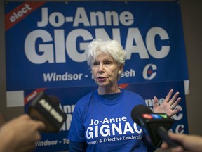 Conservative candidate for Windsor-Tecumseh, Jo-Anne Gignac, speaks during a rally at her campaign office, Sunday, August 2, 2015.