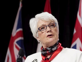 Ontario Education Minister Liz Sandals speaks at a press conference in Toronto on Monday, May 25, 2015. The Ontario government will be tabling back-to-work legislation this afternoon for striking secondary school teachers.