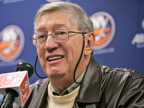 In this Nov. 2, 2007, file photo, Hall of Fame hockey coach Al Arbour responds to questions during a news conference at Nassau Coliseum in Uniondale, N.Y. Arbour, who coached the New York Islanders to four consecutive Stanley Cup championships and ranks as the NHL's second-most winningest coach, has died, team officials announced Friday, Aug. 28, 2015. He was 82. The cause of death is unclear, though Arbor was battling a lengthy illness and had been living in Florida. (AP Photo/Frank Franklin II, File)